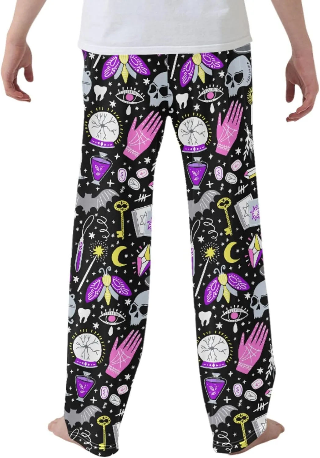 Pigsaly Boys' Pants Magic Witch Bats Moon Long Bottoms Gold Stars Skull Jogger Pants Elastic Waist Trousers With Pockets S