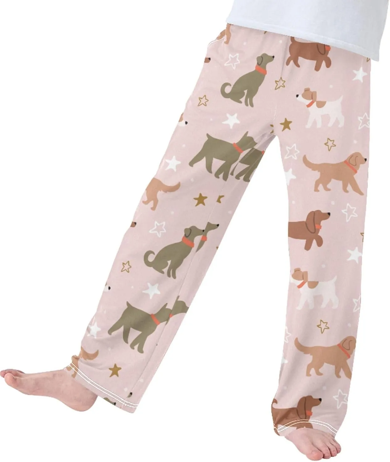Pigsaly Boys' Pants Pink Stars Cute Dogs Long Bottoms Brown Puppy Jogger Pants Elastic Waist Trousers With Pockets S