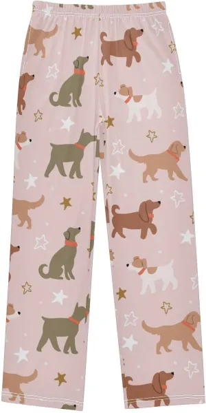 Pigsaly Boys' Pants Pink Stars Cute Dogs Long Bottoms Brown Puppy Jogger Pants Elastic Waist Trousers With Pockets S