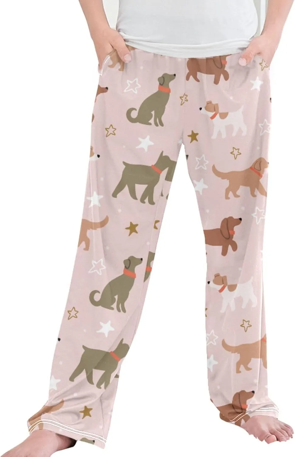 Pigsaly Boys' Pants Pink Stars Cute Dogs Long Bottoms Brown Puppy Jogger Pants Elastic Waist Trousers With Pockets S