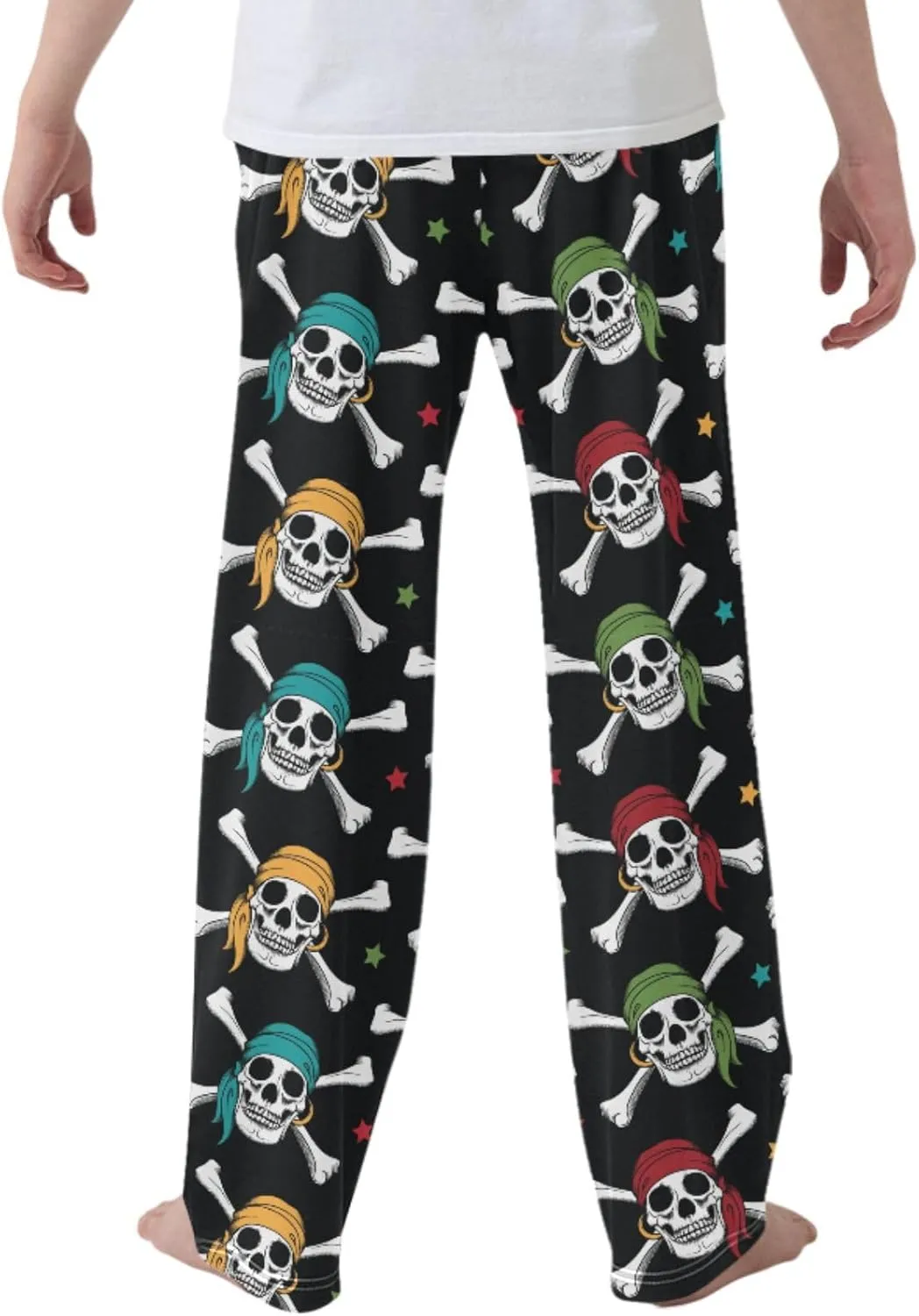 Pigsaly Boys' Pants Pirates Colorful Skulls Long Bottoms Yellow Red Stars Jogger Pants Elastic Waist Trousers With Pockets S