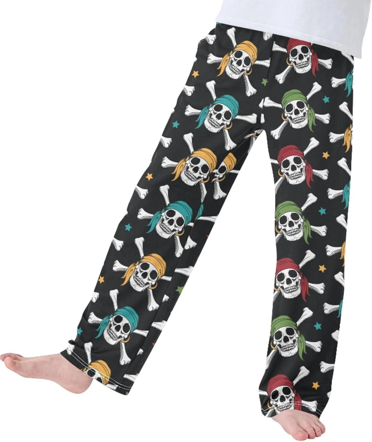 Pigsaly Boys' Pants Pirates Colorful Skulls Long Bottoms Yellow Red Stars Jogger Pants Elastic Waist Trousers With Pockets S