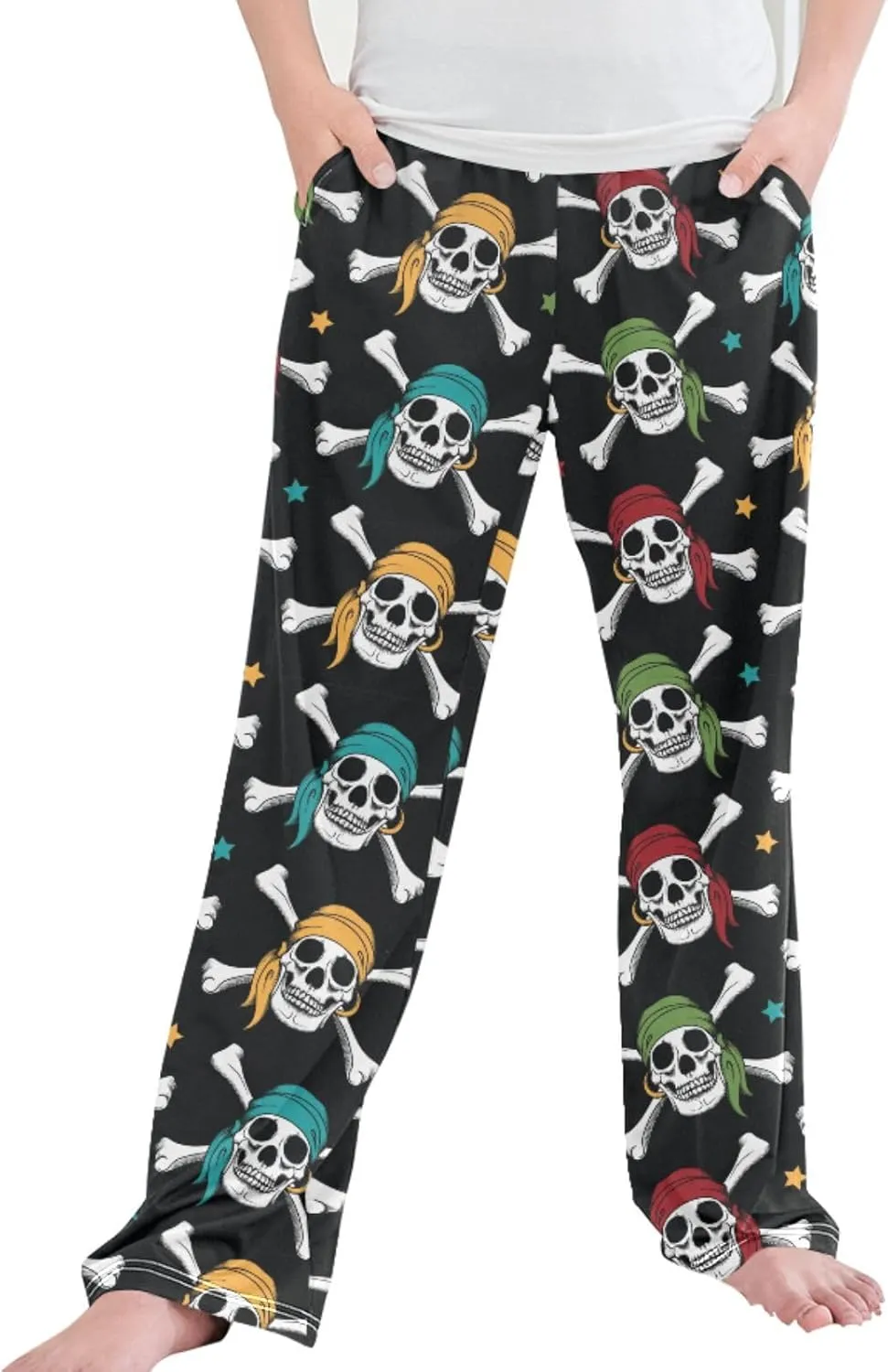 Pigsaly Boys' Pants Pirates Colorful Skulls Long Bottoms Yellow Red Stars Jogger Pants Elastic Waist Trousers With Pockets S
