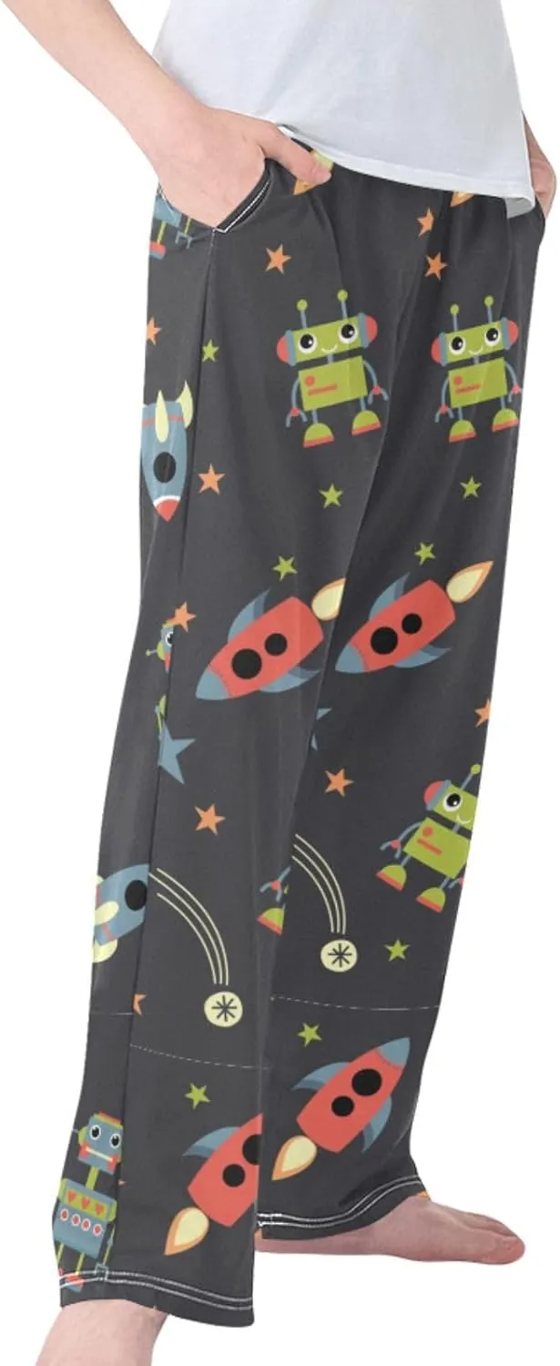 Pigsaly Boys' Pants Robots Space Rocket Long Bottoms Red Stars Jogger Pants Elastic Waist Trousers With Pockets S