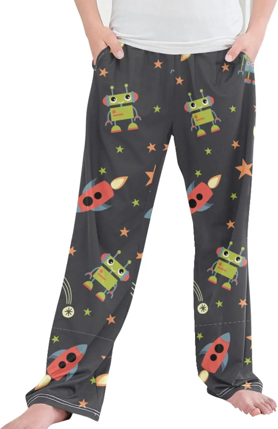 Pigsaly Boys' Pants Robots Space Rocket Long Bottoms Red Stars Jogger Pants Elastic Waist Trousers With Pockets S