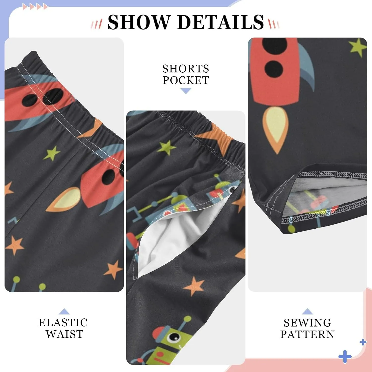 Pigsaly Boys' Pants Robots Space Rocket Long Bottoms Red Stars Jogger Pants Elastic Waist Trousers With Pockets S