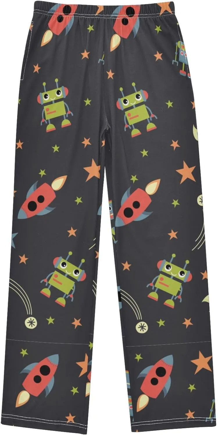 Pigsaly Boys' Pants Robots Space Rocket Long Bottoms Red Stars Jogger Pants Elastic Waist Trousers With Pockets S