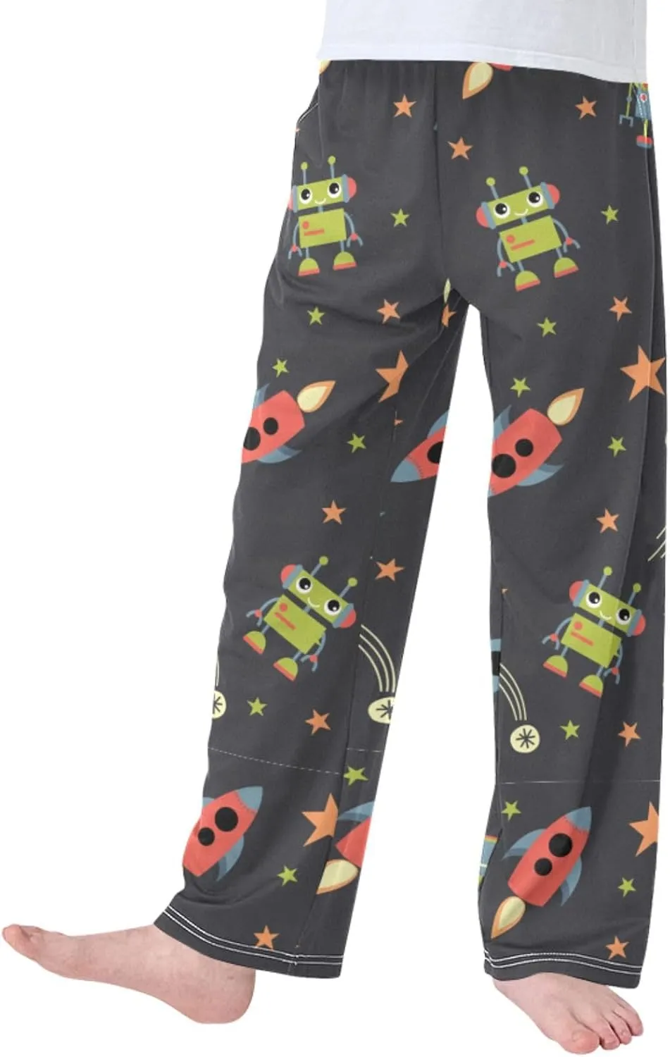 Pigsaly Boys' Pants Robots Space Rocket Long Bottoms Red Stars Jogger Pants Elastic Waist Trousers With Pockets S