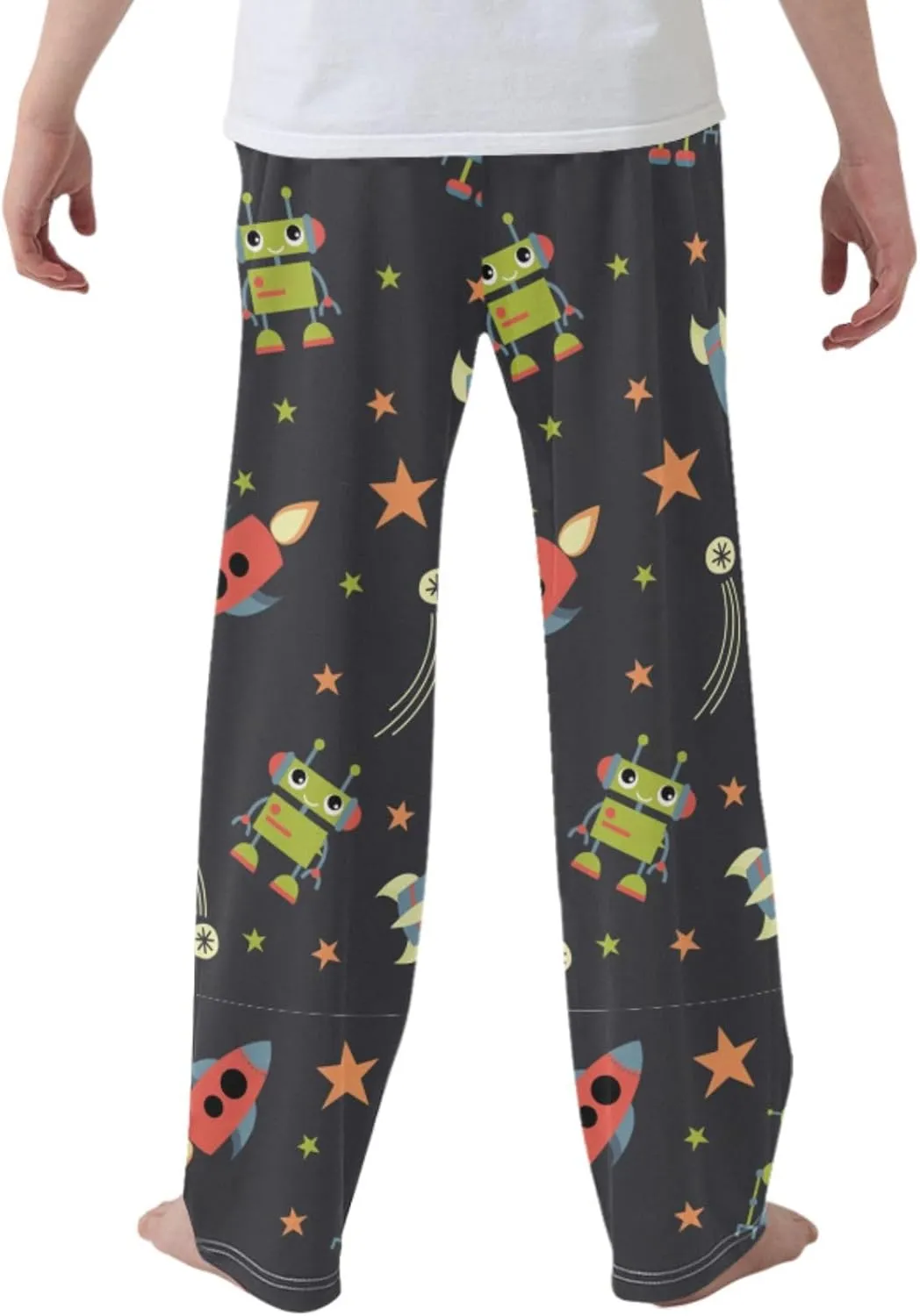 Pigsaly Boys' Pants Robots Space Rocket Long Bottoms Red Stars Jogger Pants Elastic Waist Trousers With Pockets S