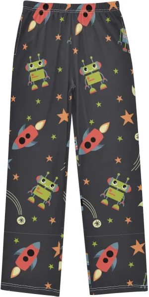 Pigsaly Boys' Pants Robots Space Rocket Long Bottoms Red Stars Jogger Pants Elastic Waist Trousers With Pockets S