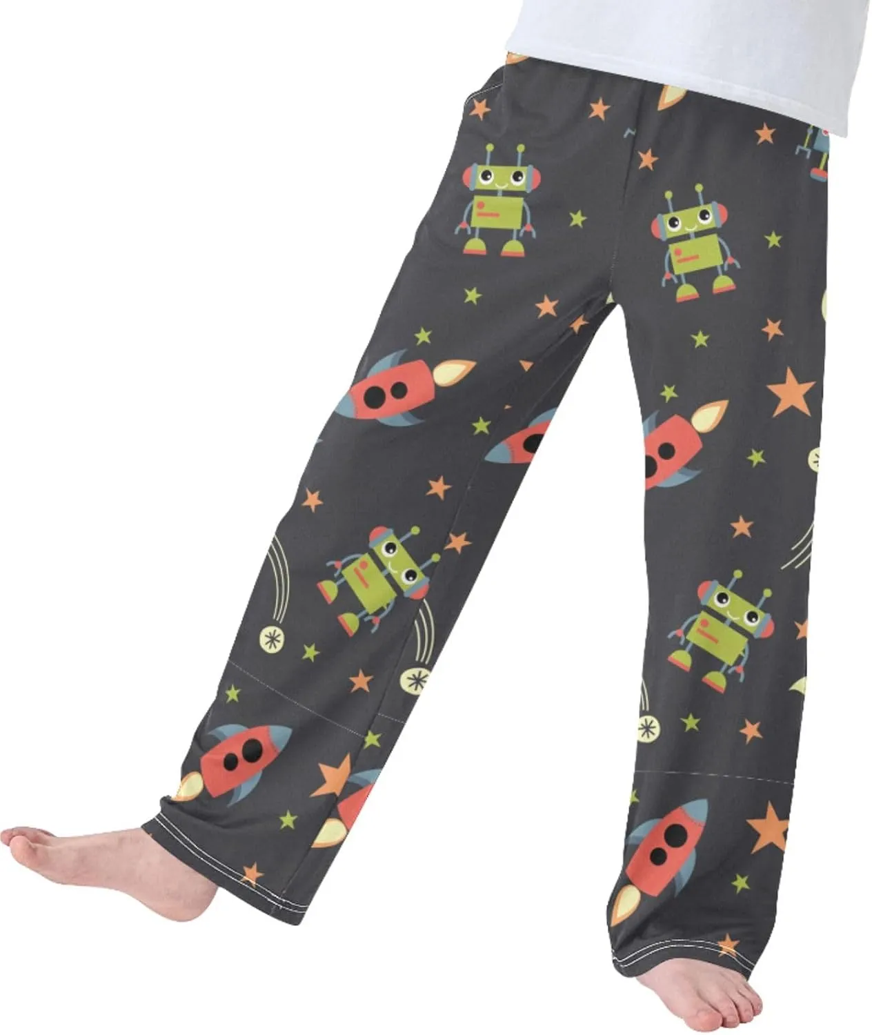 Pigsaly Boys' Pants Robots Space Rocket Long Bottoms Red Stars Jogger Pants Elastic Waist Trousers With Pockets S