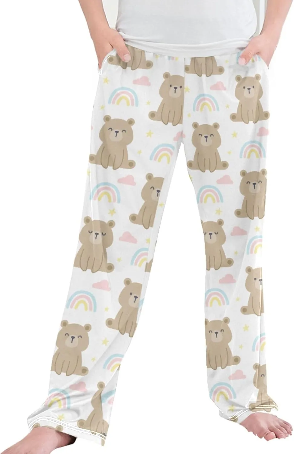 Pigsaly Boys' Pants Teddy Bear Rainbow Long Bottoms Gold Stars Jogger Pants Elastic Waist Trousers with Pockets S