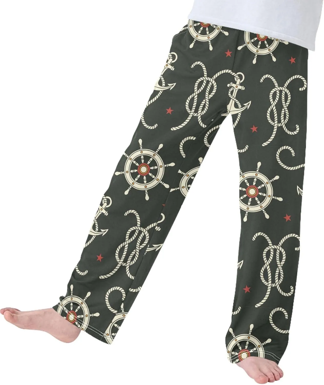 Pigsaly Boys' Pants Vintage Helm Rope Anchor Long Bottoms Red Stars Jogger Pants Elastic Waist Trousers with Pockets S