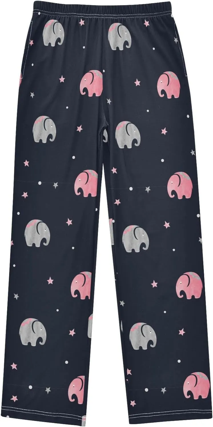 Pigsaly Boys' Pants Watercolor Cute Elephants Long Bottoms Red Stars Jogger Pants Elastic Waist Trousers With Pockets S