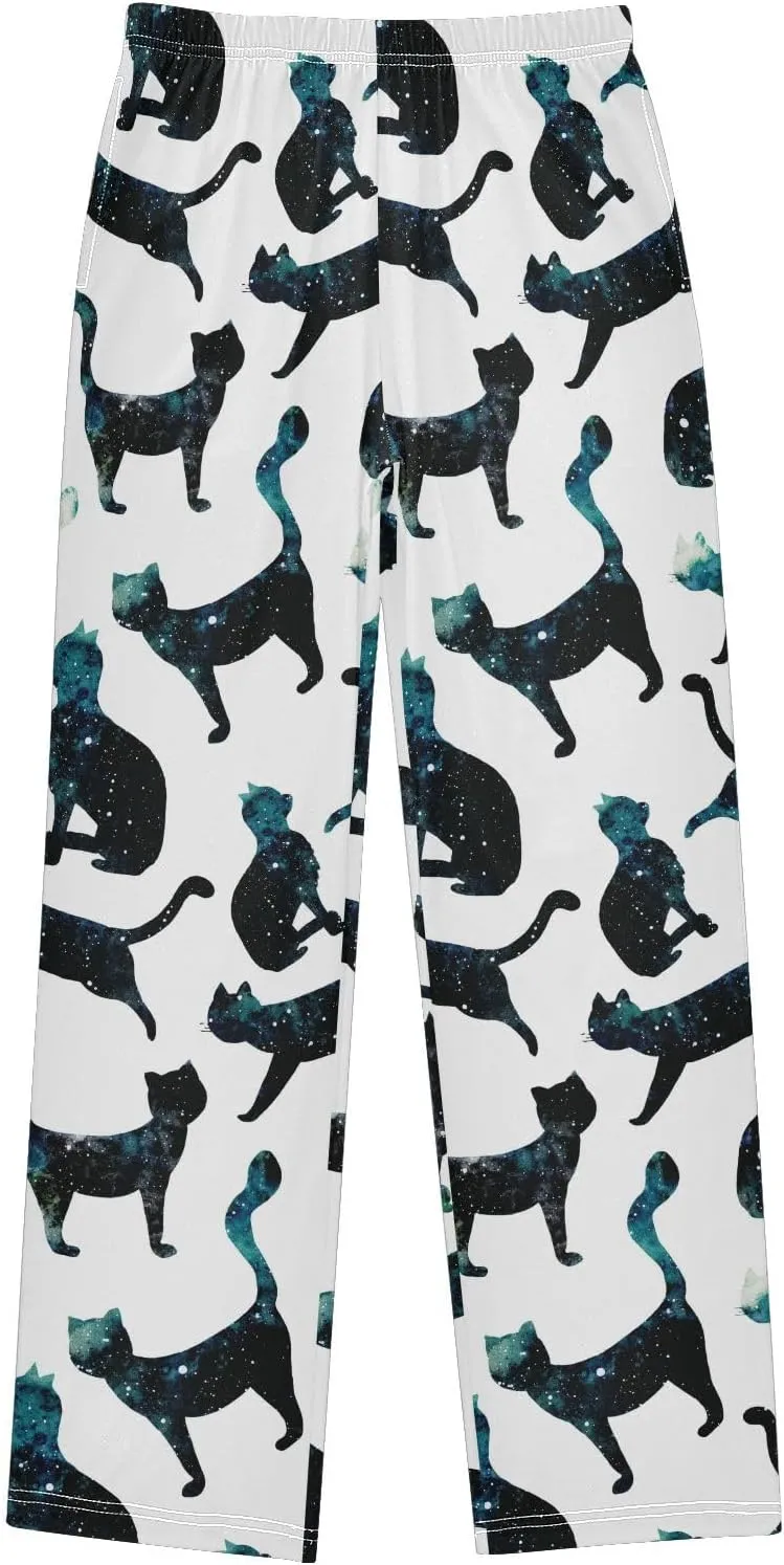 Pigsaly Boys' Pants Watercolor Galaxy Cats Long Bottoms Planet Star Jogger Pants Elastic Waist Trousers with Pockets S