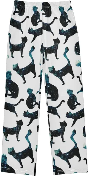 Pigsaly Boys' Pants Watercolor Galaxy Cats Long Bottoms Planet Star Jogger Pants Elastic Waist Trousers with Pockets S