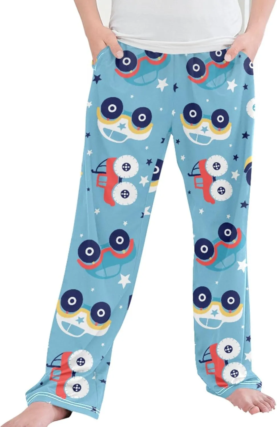 Pigsaly Boys' Pants White Star Cute Car Long Bottoms Blue Red Truck Jogger Pants Elastic Waist Trousers With Pockets S