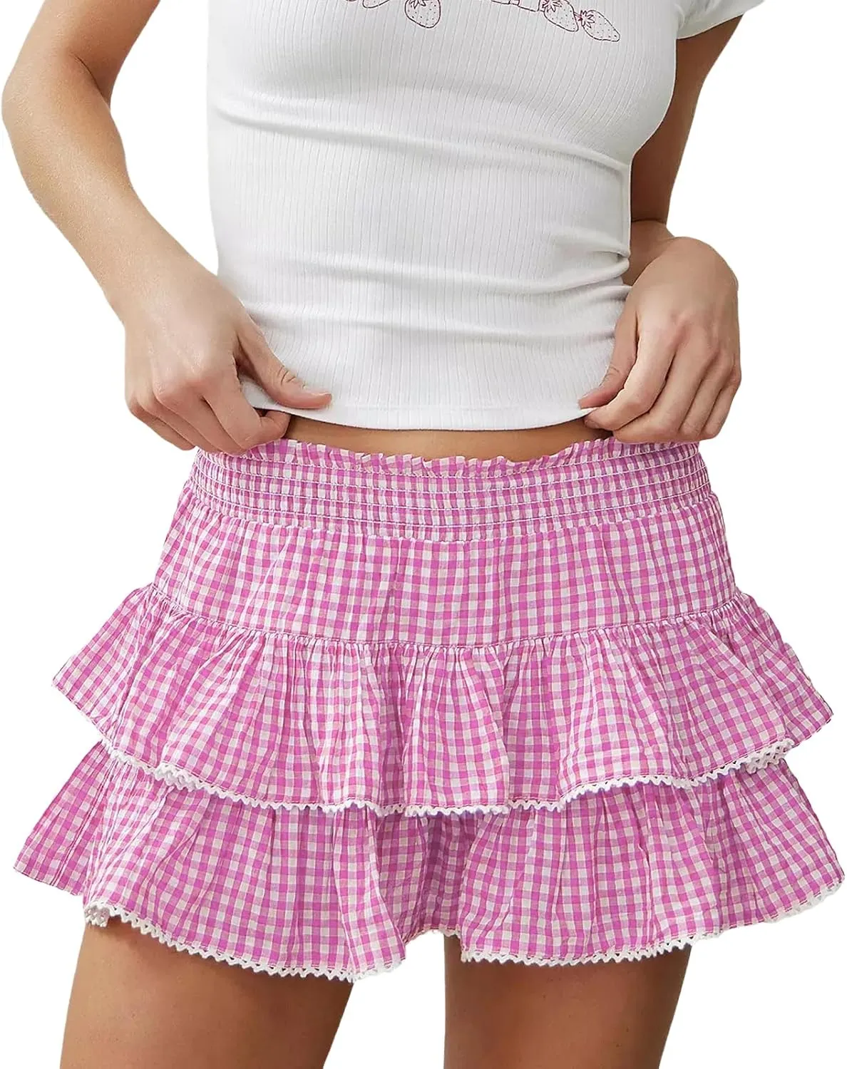 Plaid Mini Skirts Women Y2K Lace Trim Gingham A Line Ruffle Short Skirt Layered Pleated Fairy Sissy Cosplay Skirt