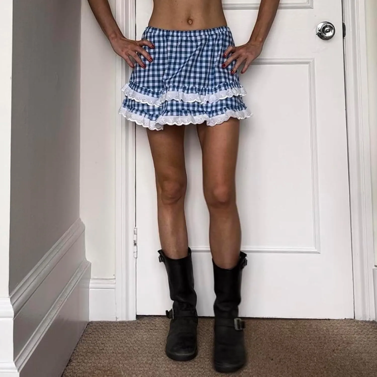 Plaid Mini Skirts Women Y2K Lace Trim Gingham A Line Ruffle Short Skirt Layered Pleated Fairy Sissy Cosplay Skirt