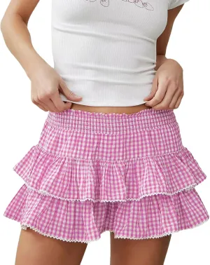 Plaid Mini Skirts Women Y2K Lace Trim Gingham A Line Ruffle Short Skirt Layered Pleated Fairy Sissy Cosplay Skirt