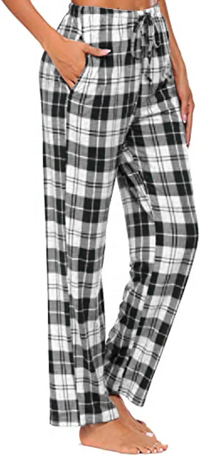 Plaid Pajama Pants Women Comfy Casual Sleep Pants Elastic Waist Long Trousers Lounge Loose Sleepwear with Pockets
