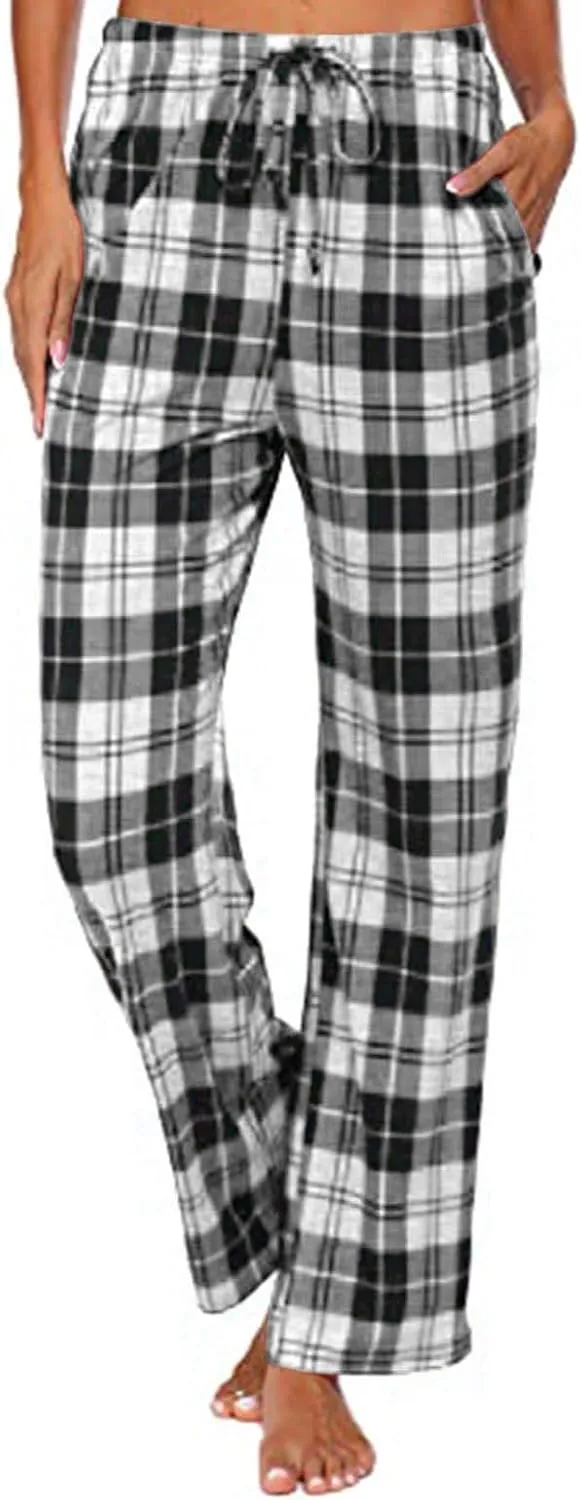 Plaid Pajama Pants Women Comfy Casual Sleep Pants Elastic Waist Long Trousers Lounge Loose Sleepwear with Pockets
