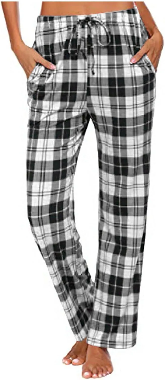 Plaid Pajama Pants Women Comfy Casual Sleep Pants Elastic Waist Long Trousers Lounge Loose Sleepwear with Pockets