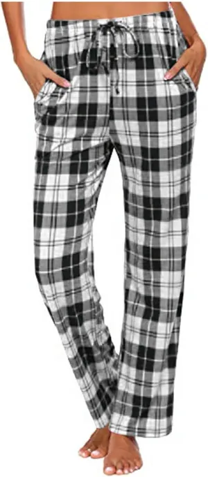 Plaid Pajama Pants Women Comfy Casual Sleep Pants Elastic Waist Long Trousers Lounge Loose Sleepwear with Pockets