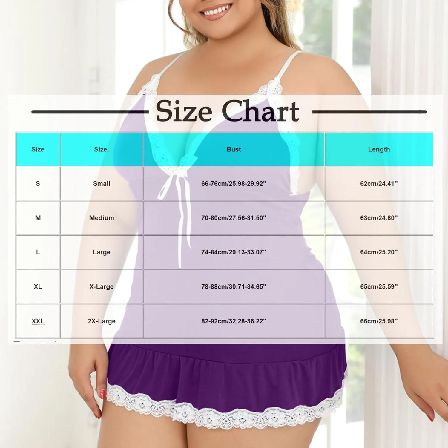 Plus Size Lace Trim Lingerie Sleepwear Womens Adjustable Strap Nightdress V-Neck Babydoll Chemise Soft Comfy Nightgown