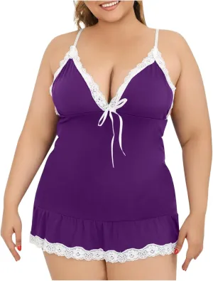 Plus Size Lace Trim Lingerie Sleepwear Womens Adjustable Strap Nightdress V-Neck Babydoll Chemise Soft Comfy Nightgown
