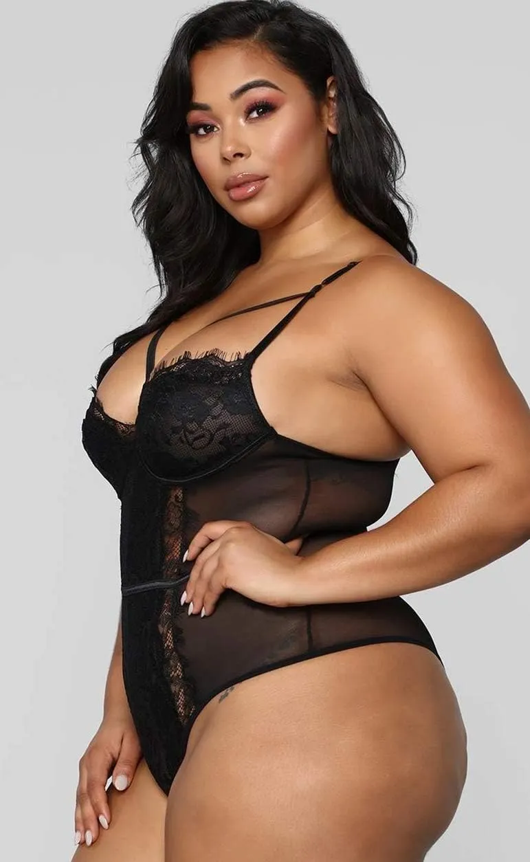 Plus Size Lingerie for Women - Sexy Strappy Harness Top Eyelash Lace Bodysuit Naughty Bottom Mesh Teddy Outfit