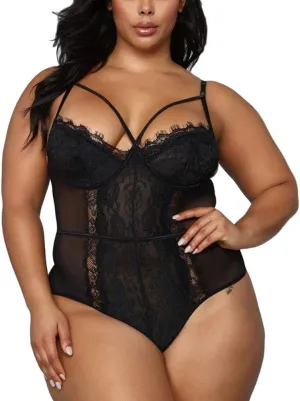 Plus Size Lingerie for Women - Sexy Strappy Harness Top Eyelash Lace Bodysuit Naughty Bottom Mesh Teddy Outfit