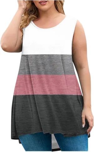 Plus Size Tank Tops for Women Dressy Loose Fit Colorblock Sleeveless Long Shirt Casual Fashion Summer Tunic Tanks