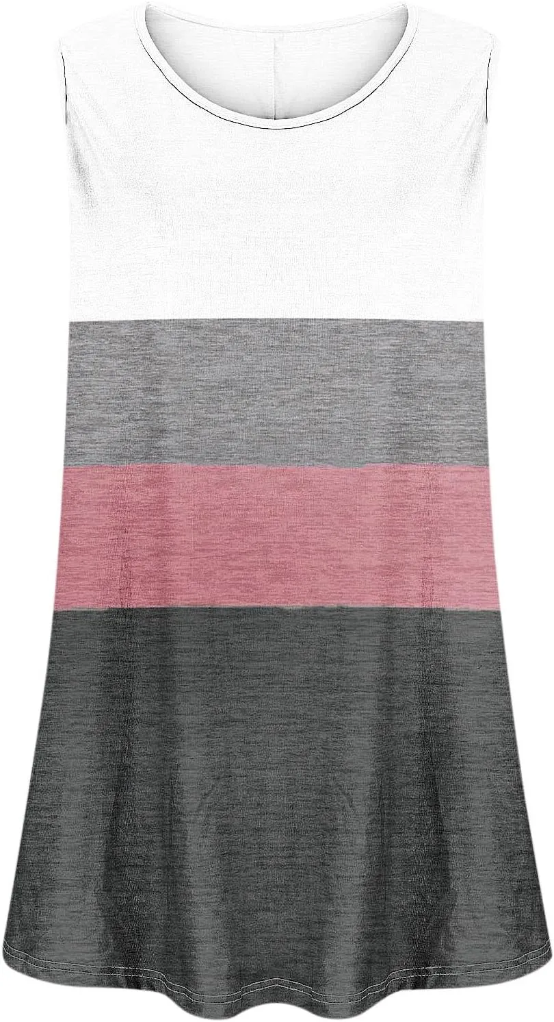 Plus Size Tank Tops for Women Dressy Loose Fit Colorblock Sleeveless Long Shirt Casual Fashion Summer Tunic Tanks
