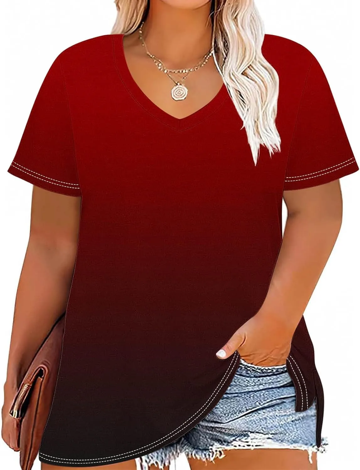 Plus Size Tops for Women Oversized Summer Basic V Neck Short Sleeve Henley Shirt 2025 Casual Gradient Tunic Blouse