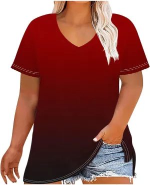 Plus Size Tops for Women Oversized Summer Basic V Neck Short Sleeve Henley Shirt 2025 Casual Gradient Tunic Blouse