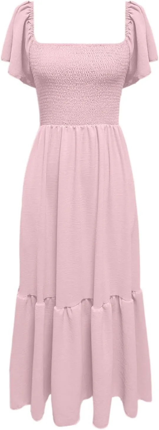 PTOLOCIF Summer Maxi Dresses for Women 2025 Elegant Cap Sleeve Long Party Dresses Square Neck Smocked a Line Flowy Sundresses