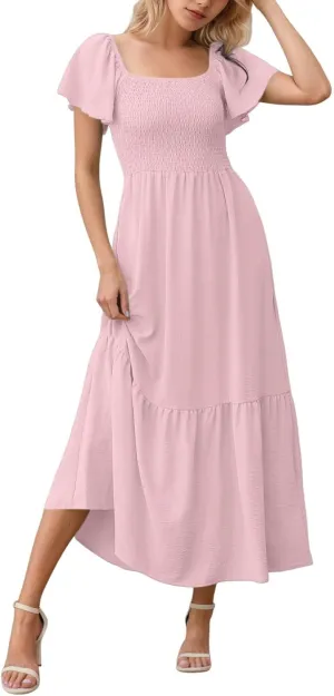 PTOLOCIF Summer Maxi Dresses for Women 2025 Elegant Cap Sleeve Long Party Dresses Square Neck Smocked a Line Flowy Sundresses