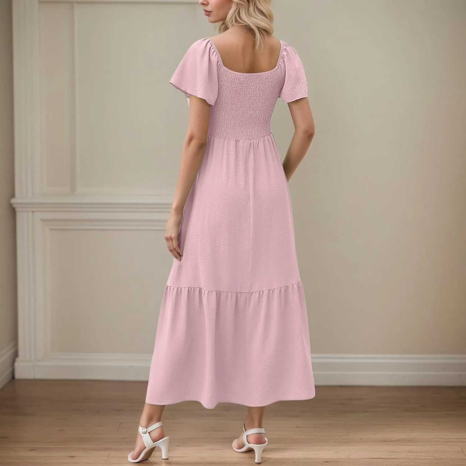 PTOLOCIF Summer Maxi Dresses for Women 2025 Elegant Cap Sleeve Long Party Dresses Square Neck Smocked a Line Flowy Sundresses
