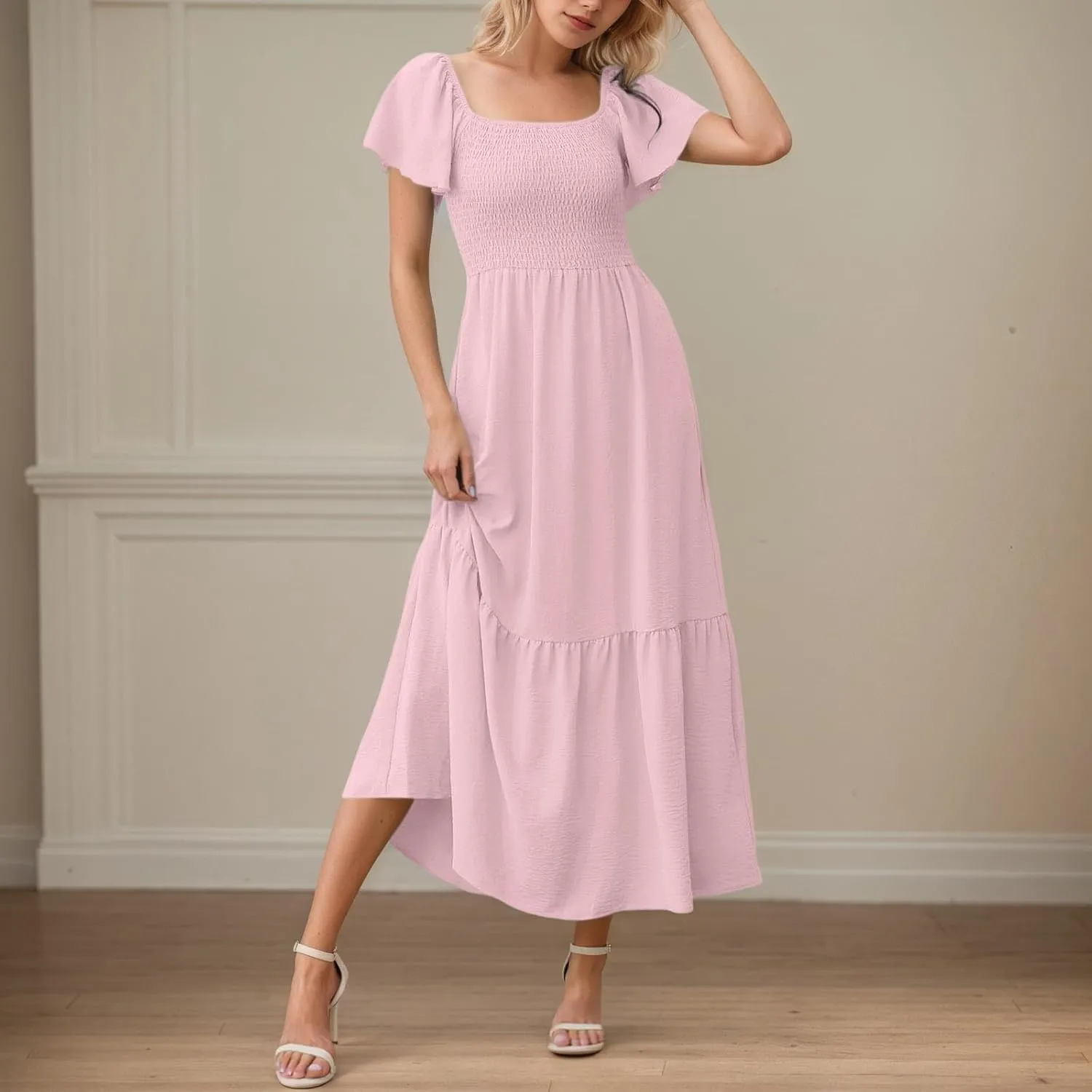 PTOLOCIF Summer Maxi Dresses for Women 2025 Elegant Cap Sleeve Long Party Dresses Square Neck Smocked a Line Flowy Sundresses