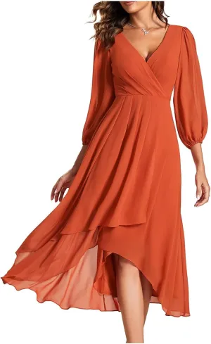 PTOLOCIF Wedding Guest Dresses for Women, Elegant Chiffon Party Long Dress Wrap V Neck Long Sleeve Pleated A-Line Flowy Dress