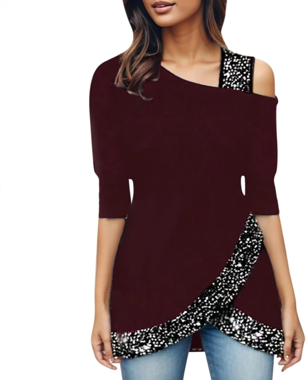 Sequin Tops for Women Long Sleeve Strappy Asymmetrical Hem Pullover Tunic Tops Casual Dressy Elegant Shirts Blouse