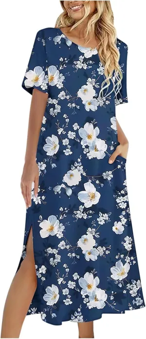 Shirt Dresses for Women Casual Crewneck Short Sleeve Sundress Loose Side Split Beach Vacation Dress with Pockets