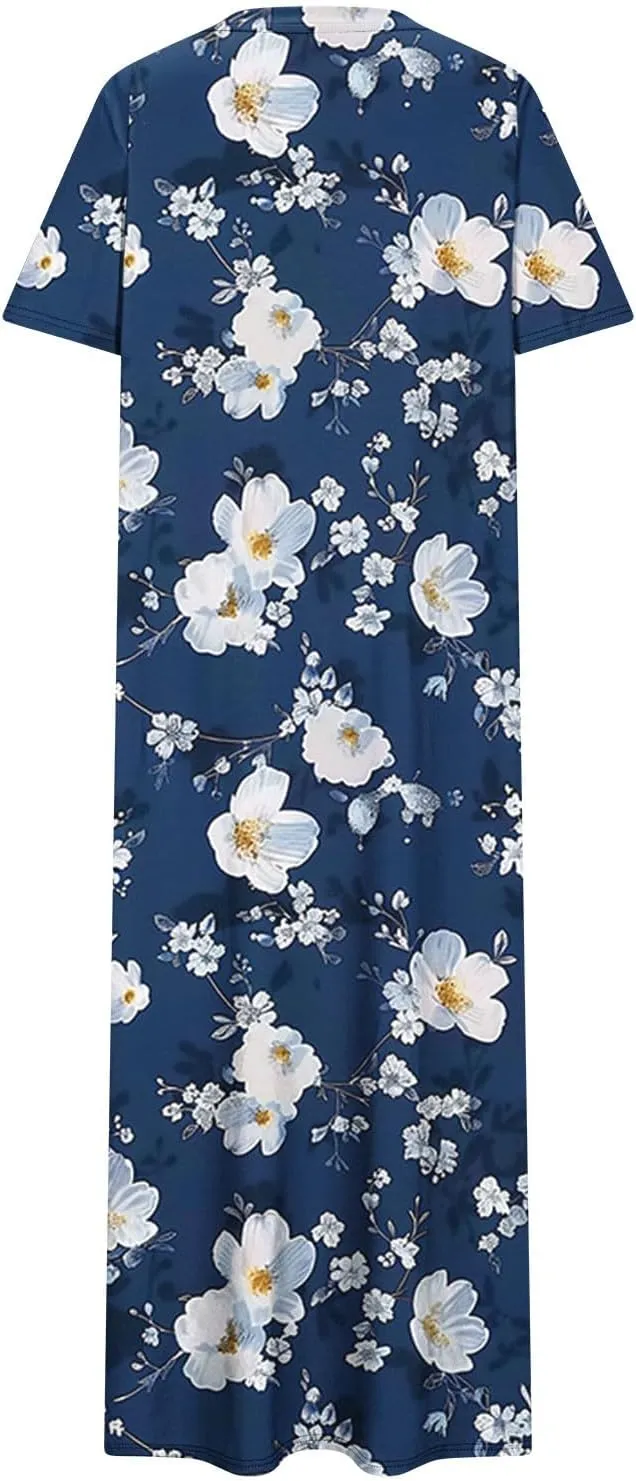 Shirt Dresses for Women Casual Crewneck Short Sleeve Sundress Loose Side Split Beach Vacation Dress with Pockets