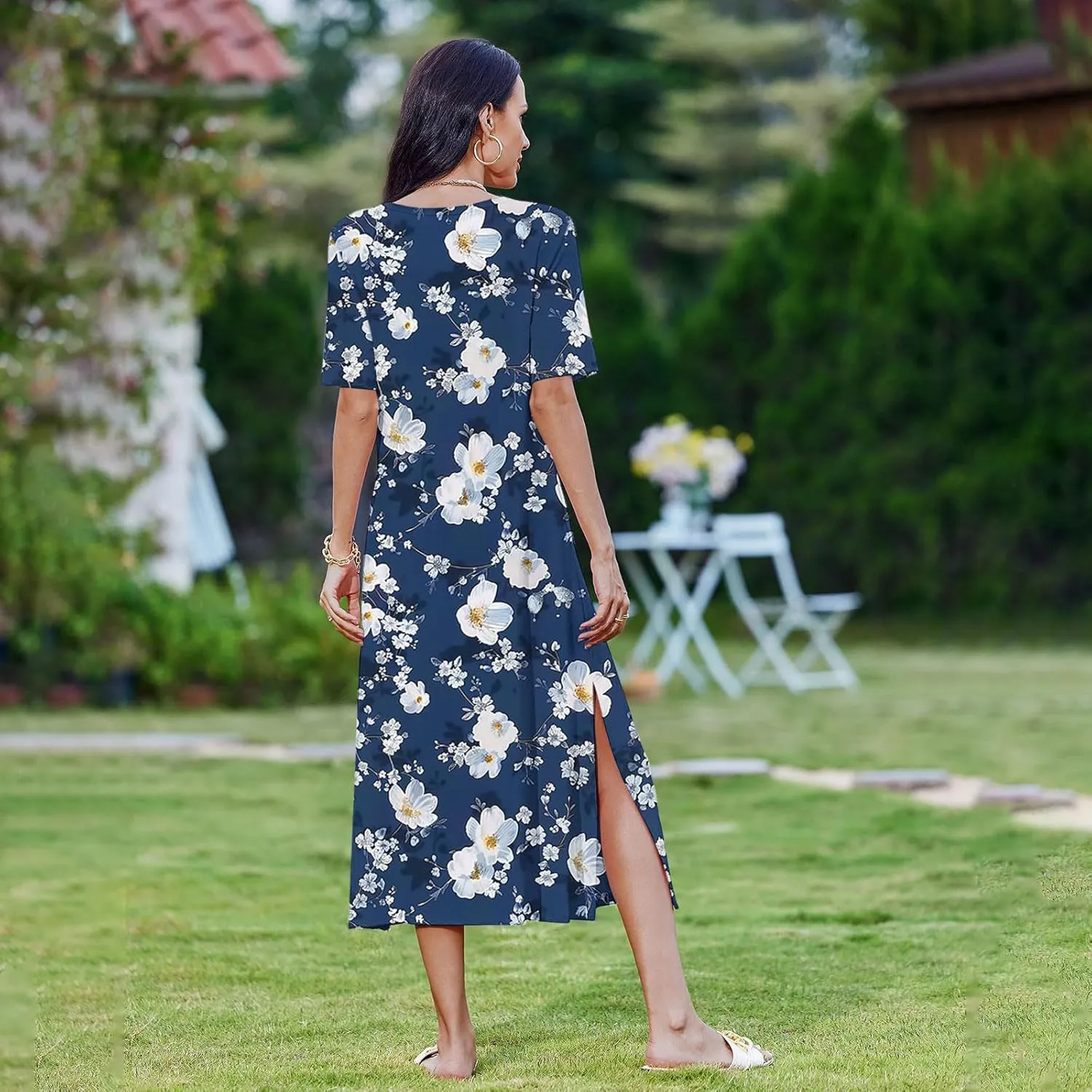Shirt Dresses for Women Casual Crewneck Short Sleeve Sundress Loose Side Split Beach Vacation Dress with Pockets