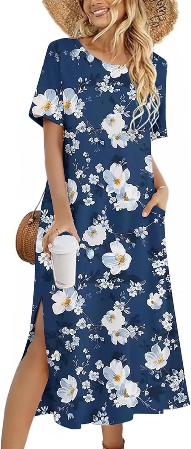 Shirt Dresses for Women Casual Crewneck Short Sleeve Sundress Loose Side Split Beach Vacation Dress with Pockets
