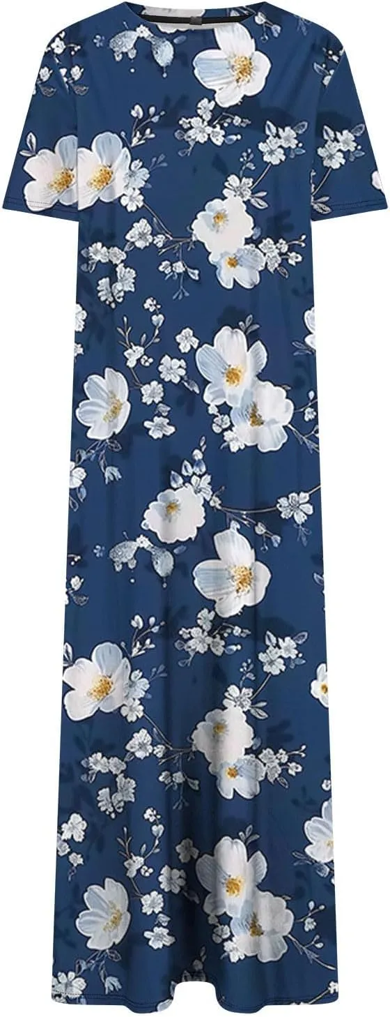 Shirt Dresses for Women Casual Crewneck Short Sleeve Sundress Loose Side Split Beach Vacation Dress with Pockets