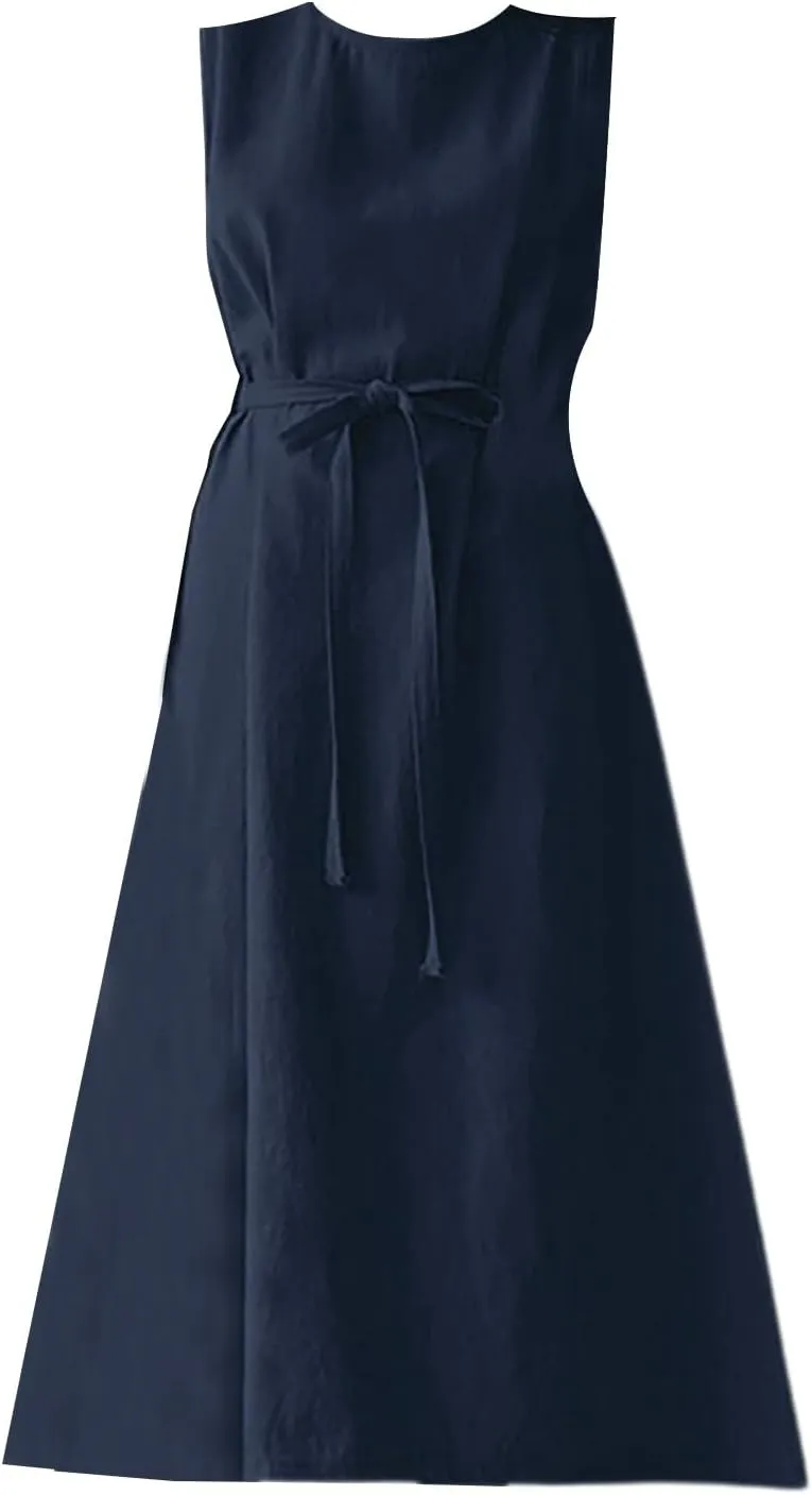 Short Sleeve Floral Dress Comfy Midi Dresss Summer Crewneck Tie Waist Solid Beach Tank Dress Long Dresses Spring