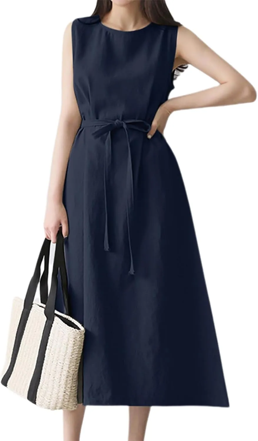 Short Sleeve Floral Dress Comfy Midi Dresss Summer Crewneck Tie Waist Solid Beach Tank Dress Long Dresses Spring