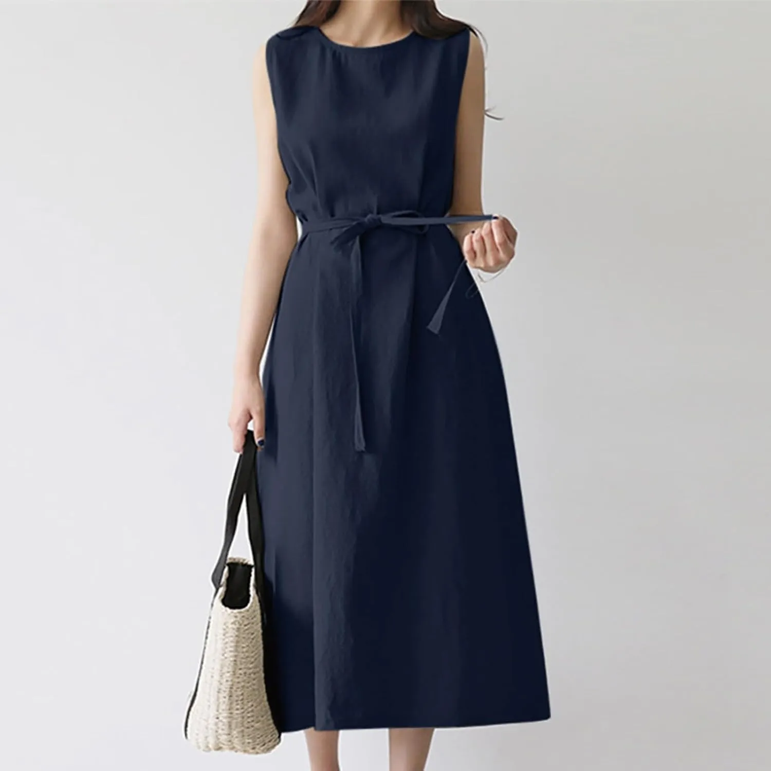 Short Sleeve Floral Dress Comfy Midi Dresss Summer Crewneck Tie Waist Solid Beach Tank Dress Long Dresses Spring